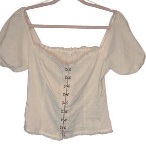 Etophe Studios Clasp Front Puff Sleeve Top Ivory Sz. Small 70% Linen 30% Cotton